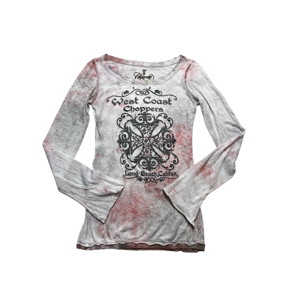 West Coast Choppers Shirt Womens Small White Red Long‎ Sleeve Y2K Biker Graphic